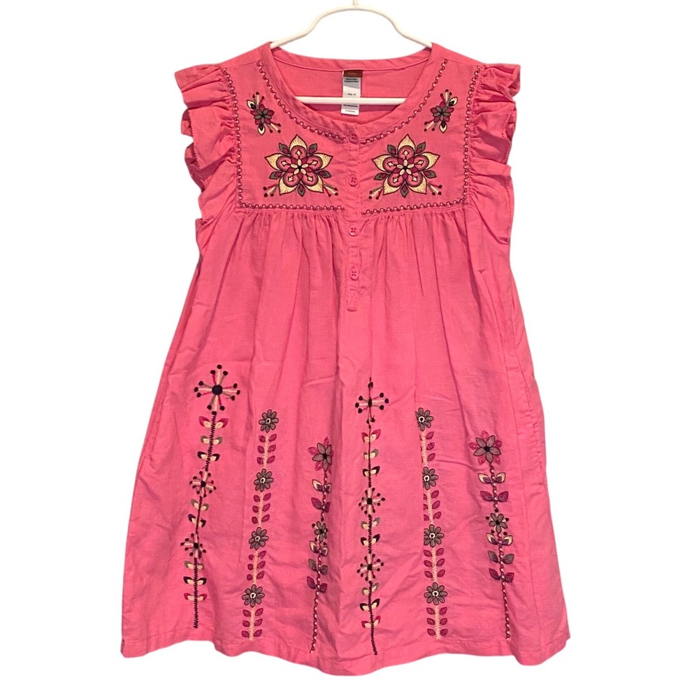 TEA COLLECTION Malati Kantha LINEN Embroidered Floral Dress Girls 10 Pink Boho - Picture 4 of 9